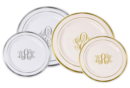 Elegant Monogrammed Premium Plastic Plates with Gold or Silver Edge